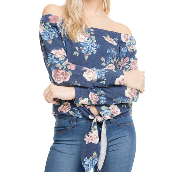 Print Front Tie Off Shoulder Top
