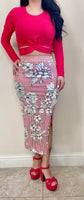 Red Side Slit Floral Print Skirt