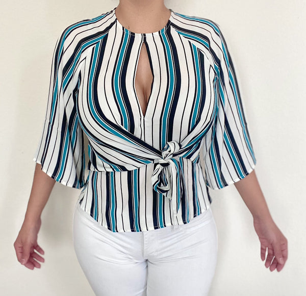 Ivory Blue & Black Stripes Top