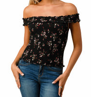 Off Shoulder Full Smocking Print Top