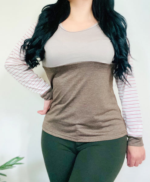 Gray Stripped Long Sleeve Top